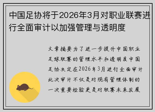 中国足协将于2026年3月对职业联赛进行全面审计以加强管理与透明度