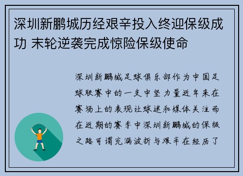 深圳新鹏城历经艰辛投入终迎保级成功 末轮逆袭完成惊险保级使命